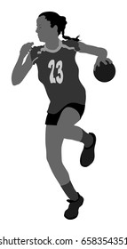 Girl handball player in action with ball vector silhouette illustration isolated on white. Woman handball player shoots a penalty. Female sport figure shadow symbol. Handball lady jumping in the air.