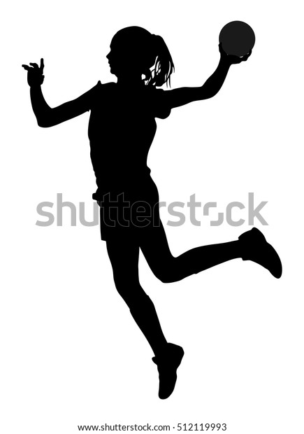 白い背景にアクションベクターシルエットイラストのハンドボールプレーヤー 女性のハンドボールプレーヤーのシンボル 飛び上がるハンドボールの女の子 のベクター画像素材 ロイヤリティフリー Shutterstock
