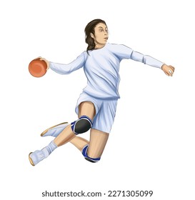 Girl Handball Spieler Springen mit dem Ball, Farbzeichnung, realistisch. Vektorgrafik von Farben