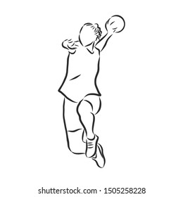 Girl handball player sketch, contour vector illustration 