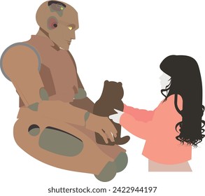 a girl handing over a stuffed animal to her loving ai robot