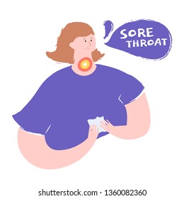 Girl with a handkerchief in herhands. Sore throat, runny nose, cough, colds. Vector illustration.