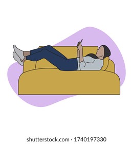 girl with handphone recline on the sofa. Freelance or studying concept. Cute illustration in flat style