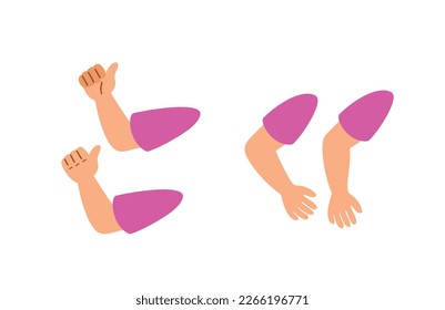 Girl hands for animation set. Character in purple tshirt shows gestures. Approval and acceptance, thumb. Personage constructor. Cartoon flat vector illustrations isolated on white background