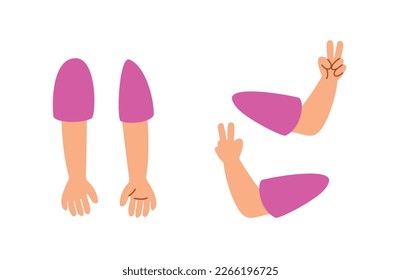 Girl hands for animation set. Person in purple tshirt shows two fingers. Cheerful character, expression and emotions, good mood. Cartoon flat vector illustrations isolated on white background