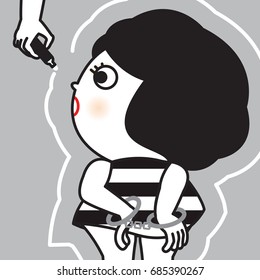 Girl Hands in Handcuffs Behind Her Back. Arrest. Detention by Someone With White Outline Body Concept Of Boundary Of Prisoner Card Character illustration