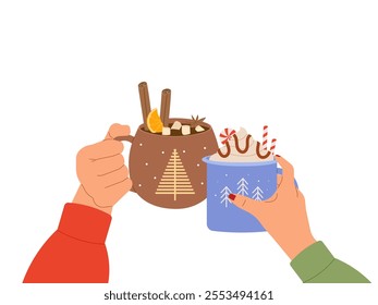 Girl hands holding cups of hot beverages with copy space for text. Vector illustration for Christmas market promotions, festive ads and holiday themed designs