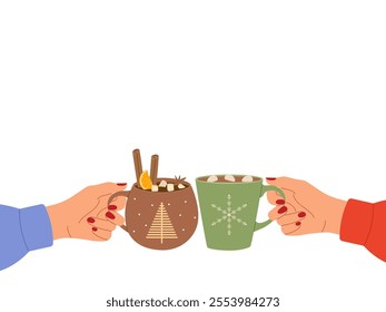 Girl hands holding cups of hot beverages with copy space for text. Vector illustration for cozy themed designs, winter promotions and holiday greetings