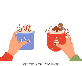 Girl hands holding cups of hot beverages with copy space for text. Vector illustration for Christmas market ads, winter promotions or holiday designs