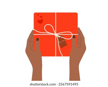 Girl Hands holding gift. Vector illustration with for diversity themed designs, holiday cards or gifting promotions