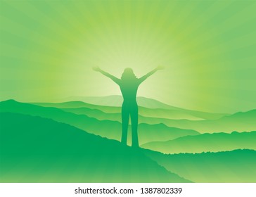 Girl with hands up on the top of mountain. Woman silhouette with raised arms. Vector illustration.
Blue Ridge Mountains, North Carolina, USA.