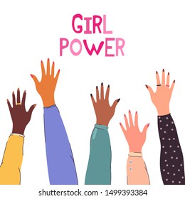 Girl hands on white background. Girl power, strong women.  Vector illustration. 