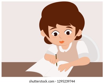 girl hands with pen writing on notebook 
