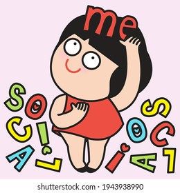 Girl Hands Sorting And Combining Letters To Make New Words Me. It's Just Me Myself And I Concept Card Character illustration