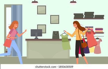 The girl with a hangers with t-shirts goes shopping. Female character is in a hurry to shop. Young beautiful fashion girl isolated on white background. Person with a pink package in her hands