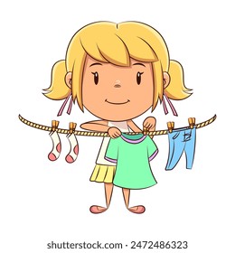 Girl hanging clothes, child, housework, chores