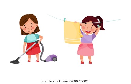 Girl hanging clothes out to dry and vacuuming floor. Kids helping parents with housework, household chores cartoon vector illustration