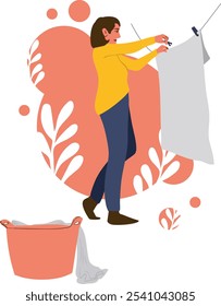 Girl hanging laundry to dry after washing. Vector illustration.