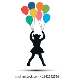 Girl hanging on balloons. Silhouette vector illustration