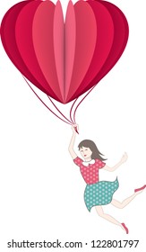 Girl hanging on big red heart shaped balloon isolated on white background