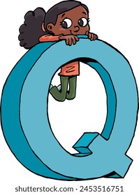 girl hanging on the capital letter Q