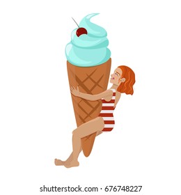 Girl hanging on the ice cream cone vector illustration. Ice cream girl cartoon illustration.