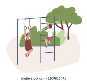 Girl Hanging On The Rings. Boy Climbing The Jungle Gym. Monkey Bars. Sport Equipment. Activity On The Playground. Happy Kids Playing. Flat Vector Illustration.