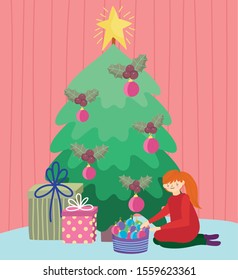 girl hanging tree balls tree gifts merry christmas, happy new year vector illustration