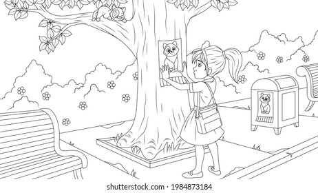 girl hangs missing kitten notice in the park  vector illustration  coloring pages