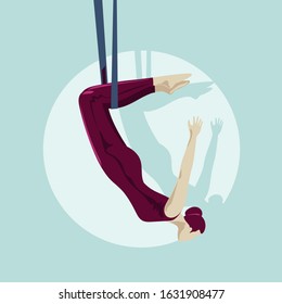 The girl hangs on the trapeze upside down. Vintage vector illustration