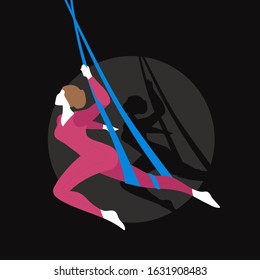 The girl hangs on the trapeze upside down. Vintage vector illustration