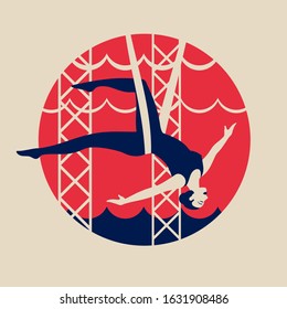 The girl hangs on the trapeze upside down. Vintage vector illustration