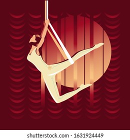 The girl hangs on the trapeze upside down. Vintage vector illustration