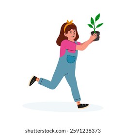 Girl happily carrying a small plant while running across a bright background