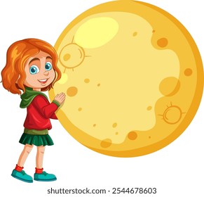A girl happily embraces a large yellow moon