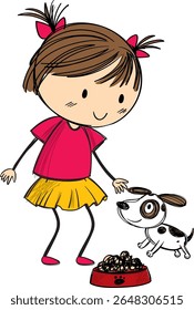 A girl happily feeds her small, playful dog