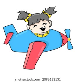 girl is happily flying on an airplane into the sky, vector illustration art. doodle icon image kawaii.