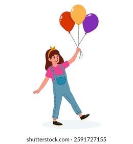 Girl happily holding colorful balloons while walking outdoors during a sunny day