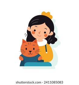 A girl is happily holding a smiling orange cat in this vector illustration.