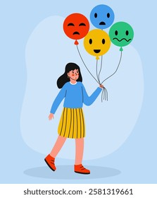 A girl happily holds colorful balloons symbolizing emotions, with playful expressions and a smile