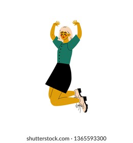 Girl Happily Jumping Celebrating Important Event, Dance Party, Friendship, Sport Concept Vector Illustration