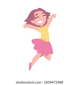 Girl Happily Jumping, Smiling Preschooler Girl in Dress Having Fun Cartoon Style Vector Illustration