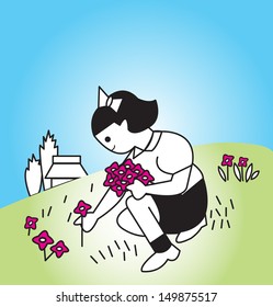 Girl happily picking up flowers on the flower hill