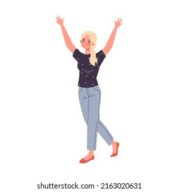 Girl happily raised her hands up, celebrating birthday. Friends tossing mate in air flat vector illustration. Party, friendship, event, fun concept