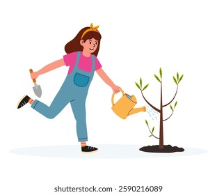 Girl happily watering a young tree in a sunny outdoor garden setting