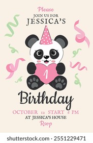 Girl Happy Birthday Panda Invitation Card Cute Vector Illustration Kids Greeting Poster. Birthday Party template for stories, social media, celebration, children. Сoncept with Panda, Heart and Cap.