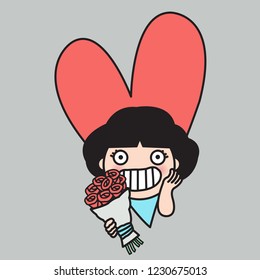 Girl Is Happy With Bouquet Of Flowers Giving By Boyfriend Over Red Heart And Grey Background Concept Card Character illustration