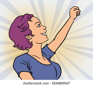 The girl was happy and confident, raising her fist. Pop art hand drawn style vector design illustrations.