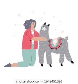 girl happy with cute alpaca vector illustration