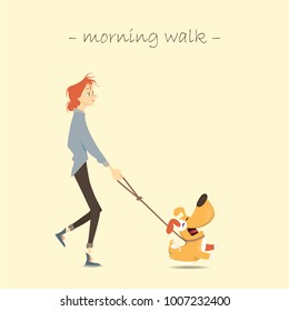 Girl with happy dog walking in the morning